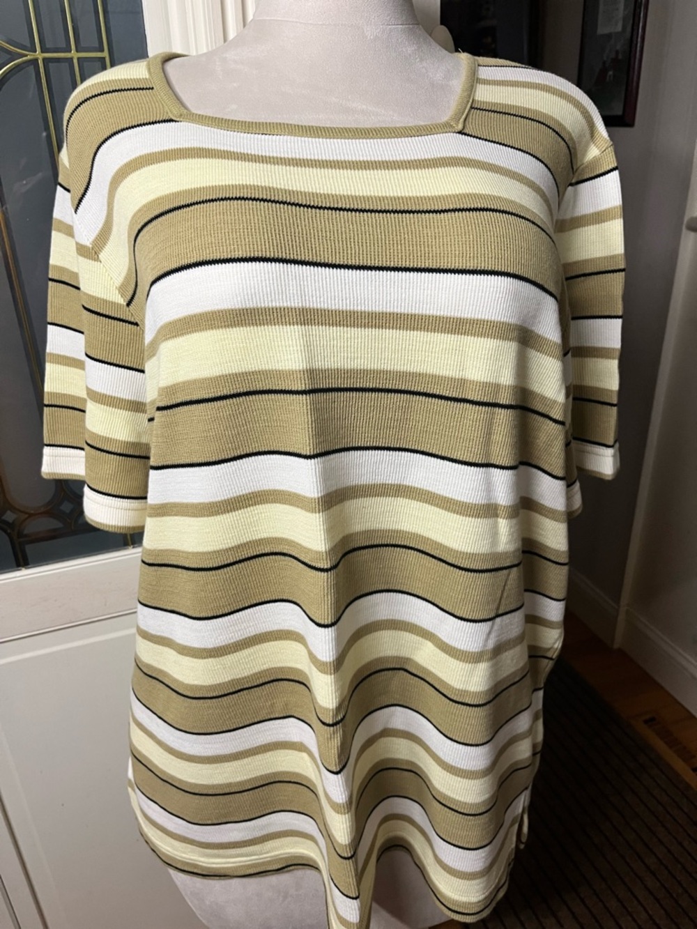 Sag Harbor Woman Ribbed Striped Knit Top 1X Neutral Beige Short Sleeve Plus